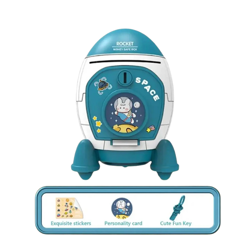 Blue rocket piggy bank with astronaut, kids' saving bank, space decor, perfect children's gift