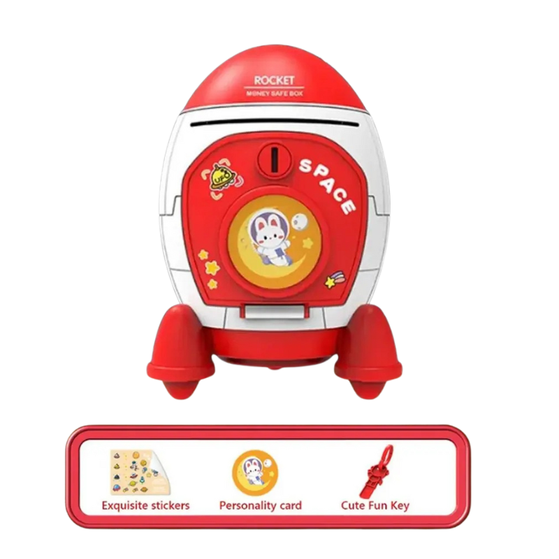 Child's rocket piggy bank, ideal money box for kids, fun finance educational toy, space theme