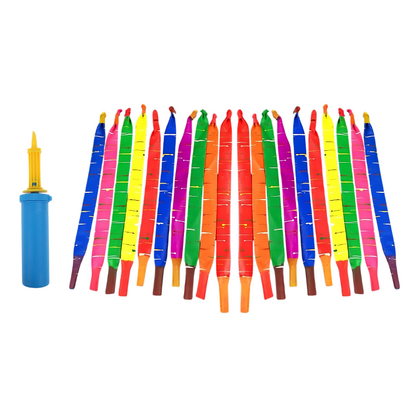 Close-up of a child's hand pumping up a colorful balloon rocket with the Kids' Launch Set pump.