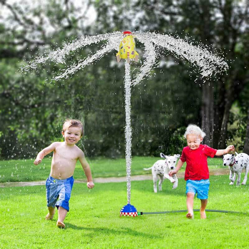 Children playing with a vibrant rocket launcher water toy, perfect for backyard summer entertainment.
