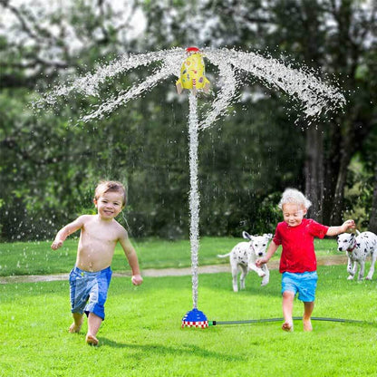 Children playing with a vibrant rocket launcher water toy, perfect for backyard summer entertainment.