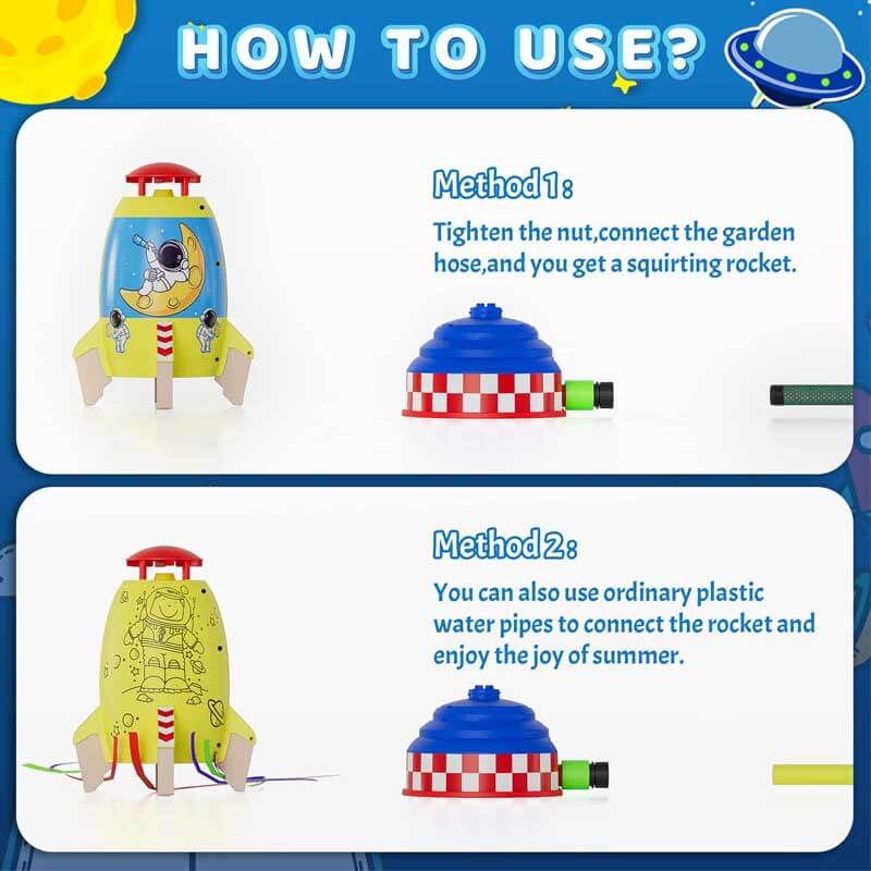 Rocket shaped water sprinkler toy with multiple spray nozzles, great for kids' summer play.