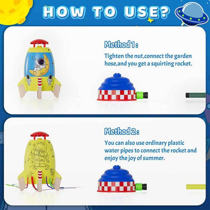 Rocket shaped water sprinkler toy with multiple spray nozzles, great for kids' summer play.