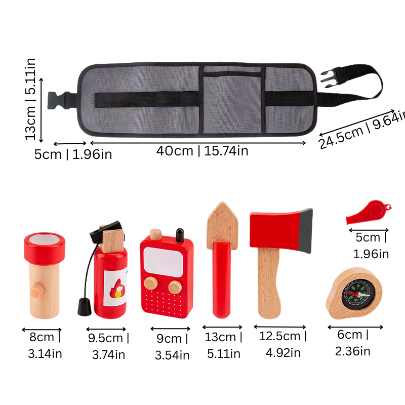 Pretend play mechanic and fireman toy kit for toddlers, featuring a hard hat, fire axe, and wrench