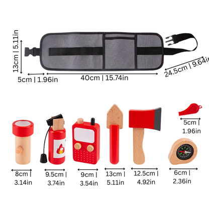 Pretend play mechanic and fireman toy kit for toddlers, featuring a hard hat, fire axe, and wrench