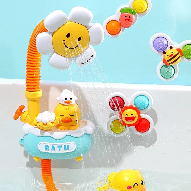 Toddler playing with Rotary Sunflower Bath Toy, bright yellow leaves & green stem, engaging water play
