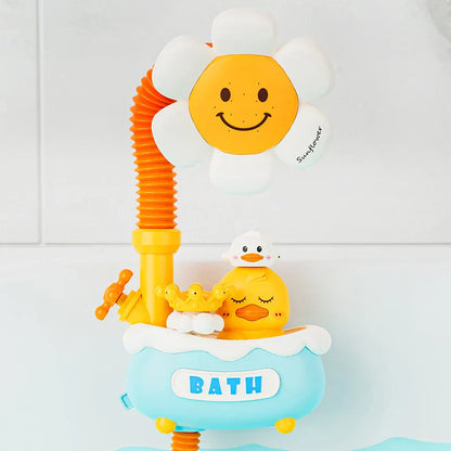 Close-up of Rotary Sunflower Bath Toy, showing rotating petals and gentle water flow for kids