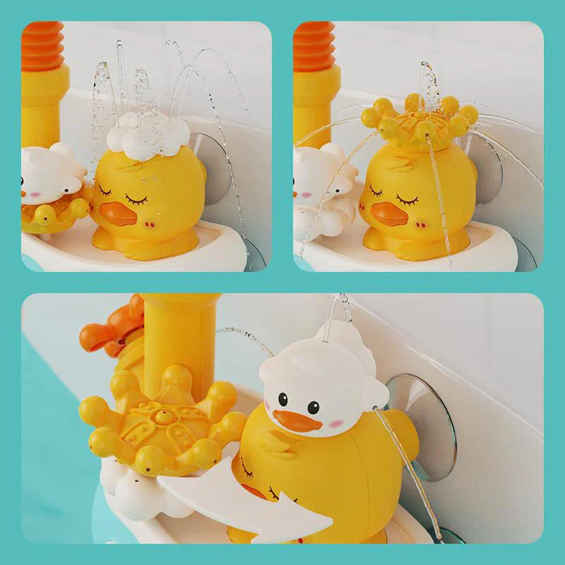 Child reaching for interactive Sunflower Rotary Bath Toy, perfect for stimulating water fun in the tub