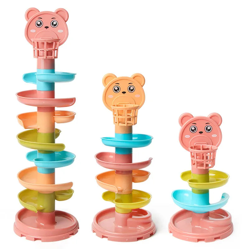 Kids rotating ball tower sensory stacking toy, multi-colored, for toddler hand-eye coordination