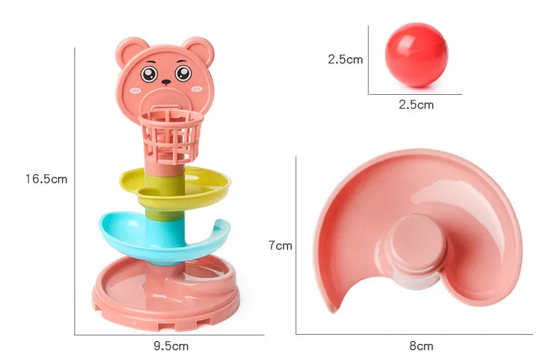 Close-up of the top spiraling ramp on a kids rotating ball tower for baby educational play