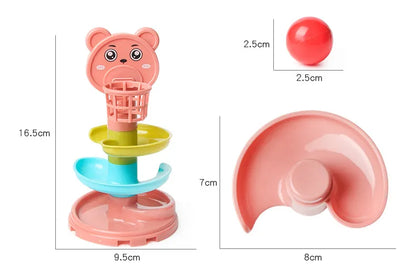 Close-up of the top spiraling ramp on a kids rotating ball tower for baby educational play