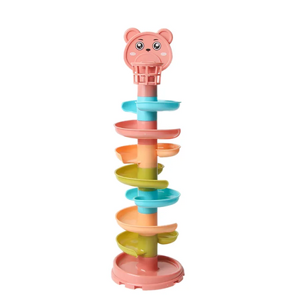 A range of colorful balls on the base of a rotating ball tower, an engaging baby sensory toy