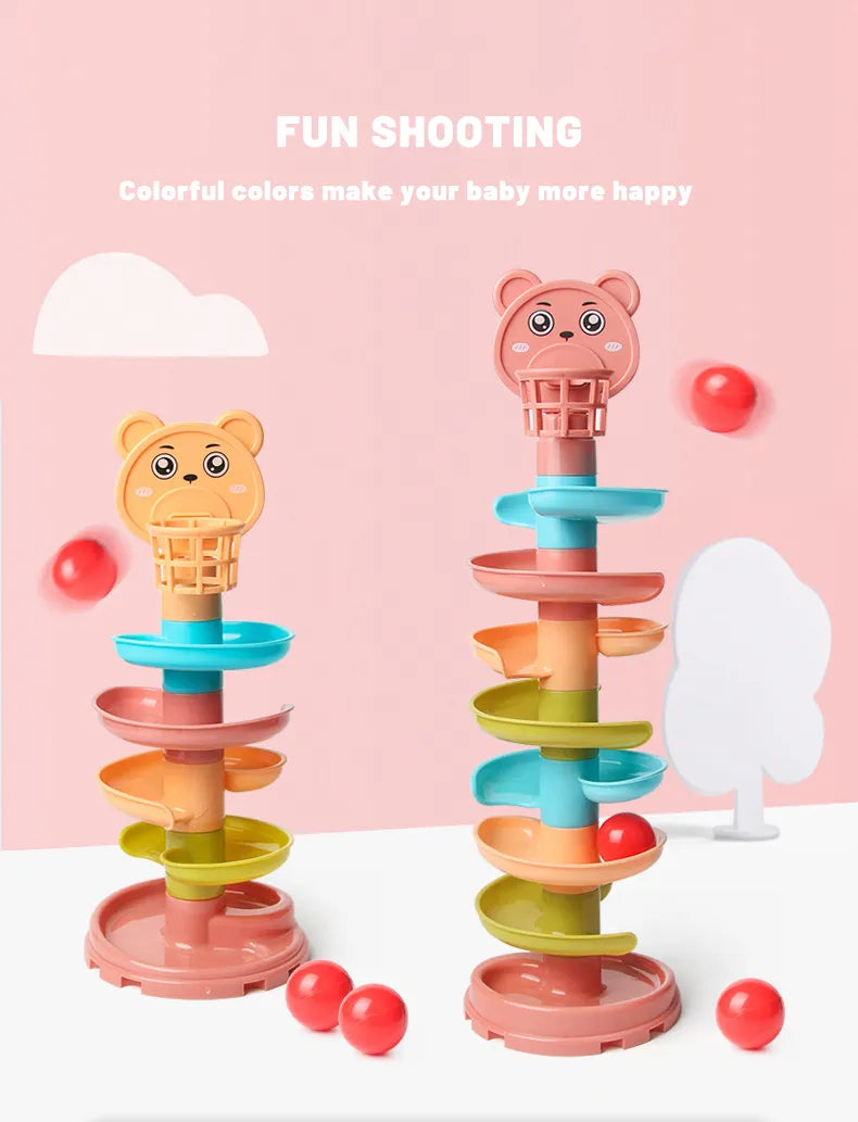 Full view of kids rotating ball tower with colorful balls, a perfect baby educational toy