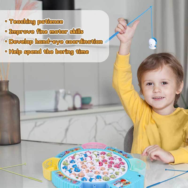 Children playing with educational electric fishing game, enhancing hand-eye coordination
