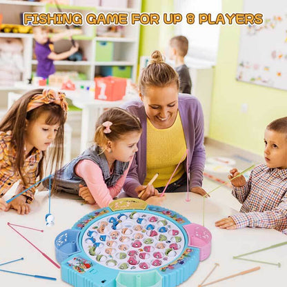 Close-up of a blue and pink electric fishing game toy, featuring small colorful fish for kids