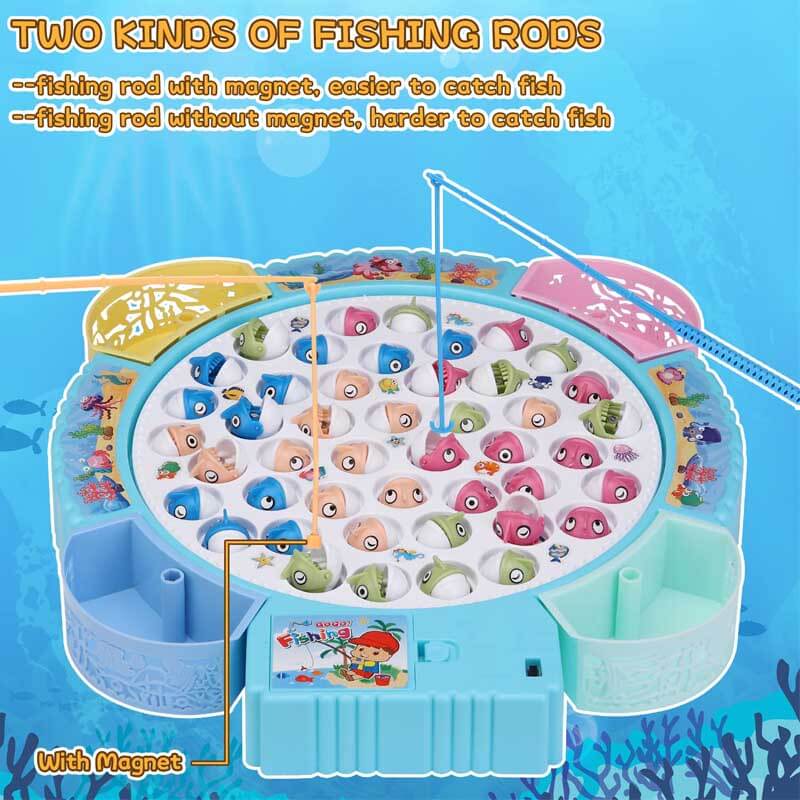 Party game for kids: electric fishing set in bright blue and pink, promoting fine motor skills