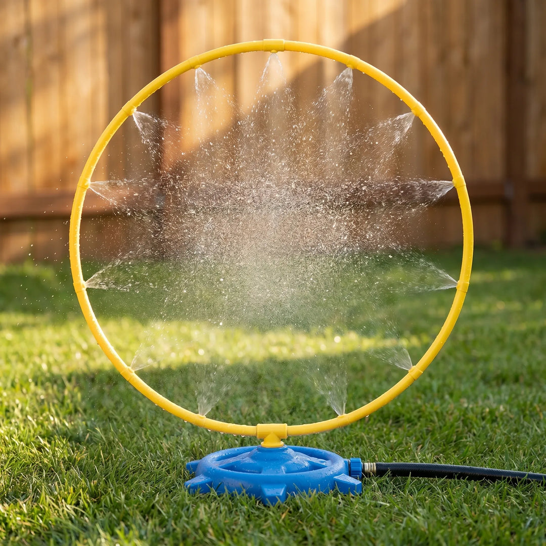 Kids' rotating water sprinkler toy creates a fun backyard water play experience for summer cooling and outdoor games.