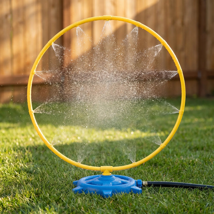 Kids' rotating water sprinkler toy creates a fun backyard water play experience for summer cooling and outdoor games.
