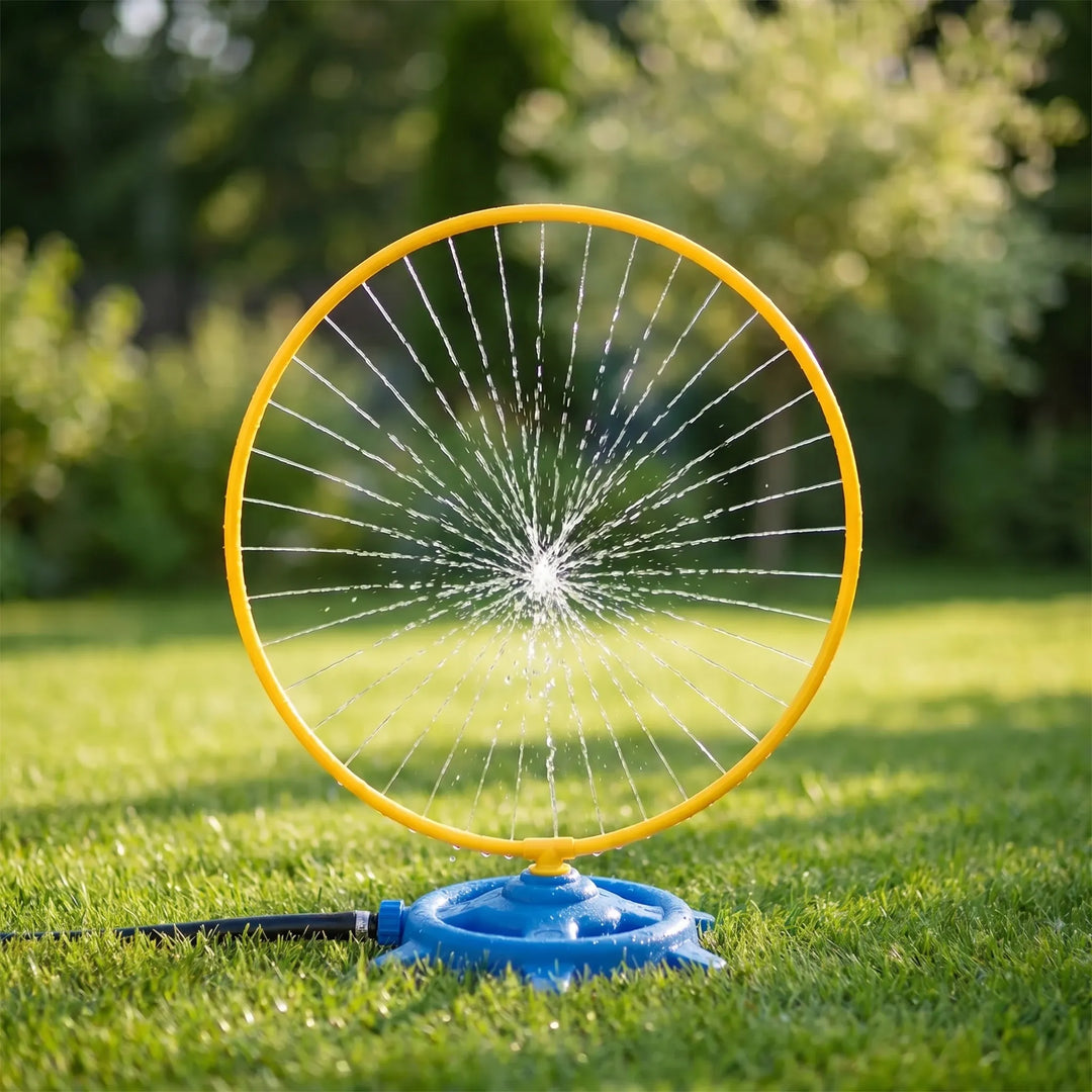 Children laughing & playing in a colorful rotating water sprinkler, perfect for garden summer fun & outdoor water games.