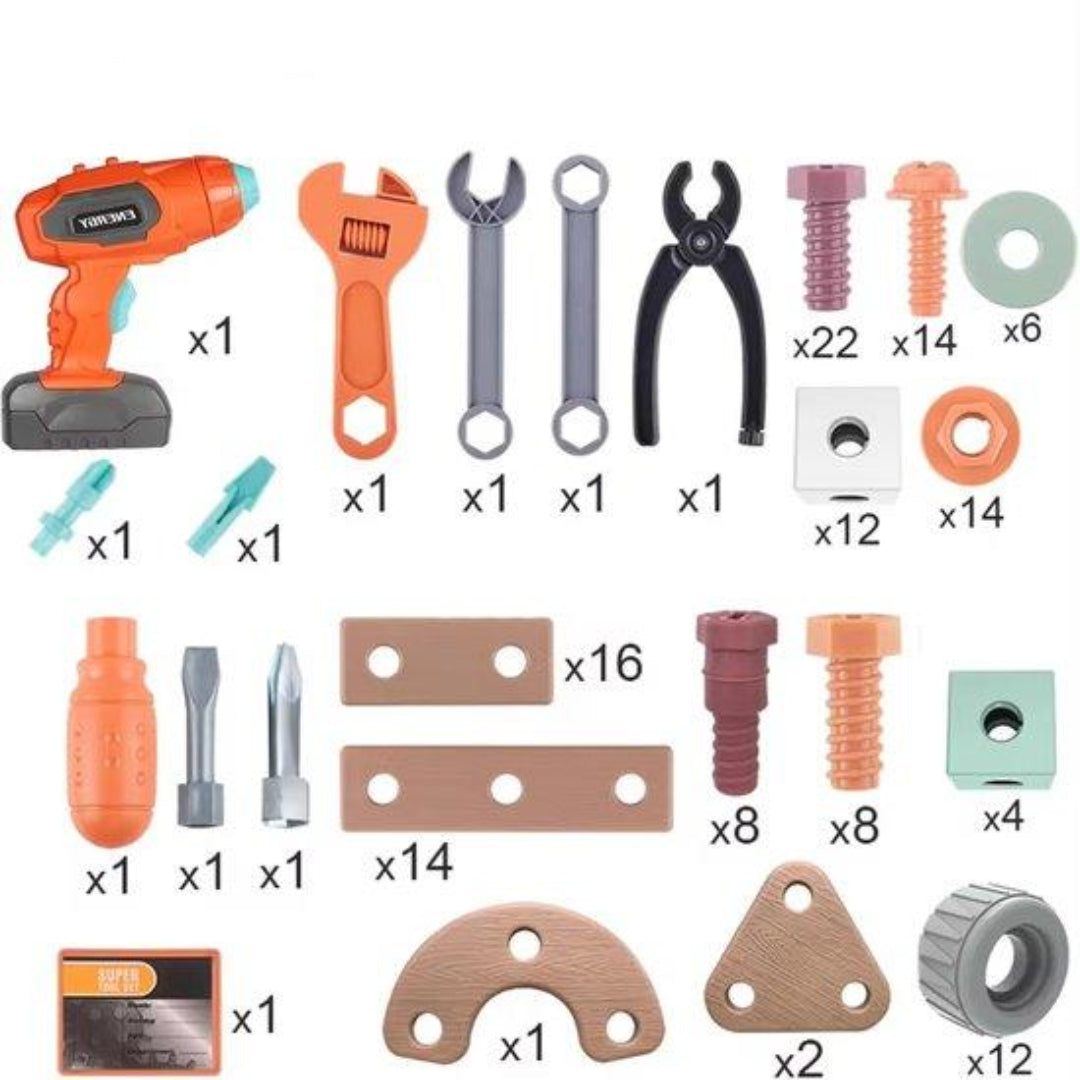 Children's building set with plastic tools, enhancing motor skills and creative construction