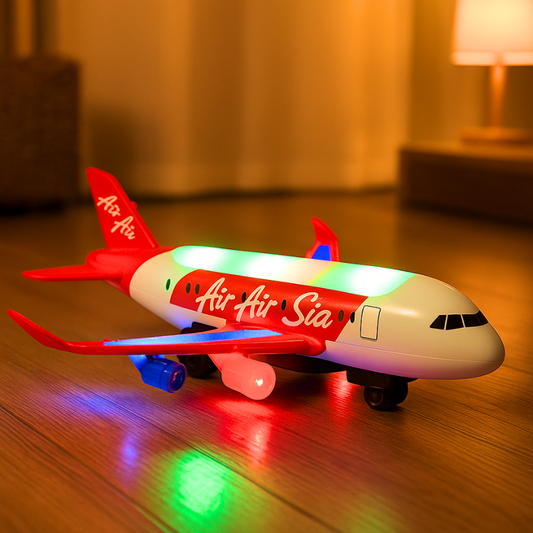 Kids' self-steering light-up airplane toy with flashing LEDs and music, perfect gift for toddlers.