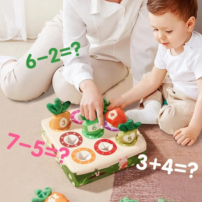 Top-down view of a Kids Sensory Carrot Picking Toy Board with various sized soft plush carrots.