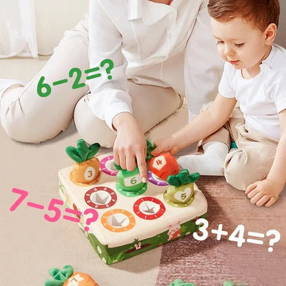 Top-down view of a Kids Sensory Carrot Picking Toy Board with various sized soft plush carrots.