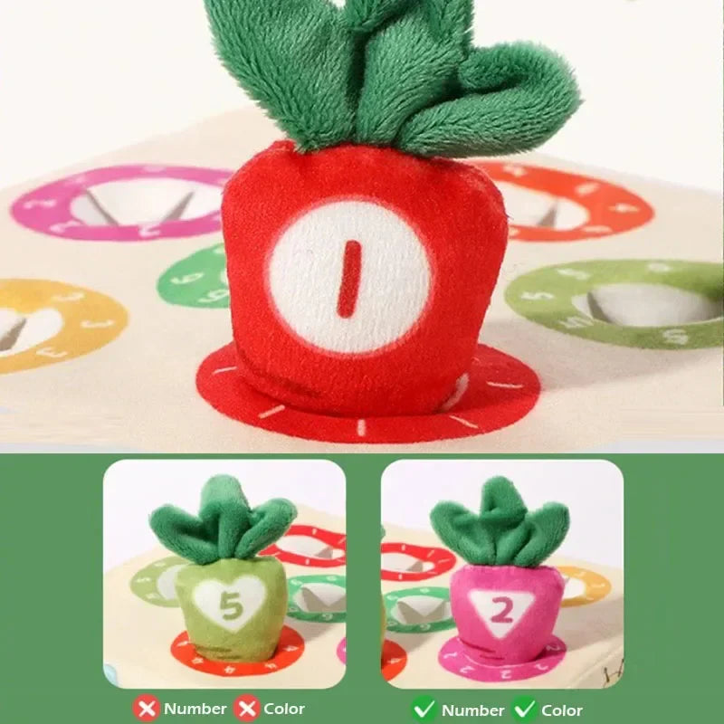 Close-up of a smiling toddler playing with a Kids Sensory Carrot Picking Toy, tactile sensory activity.