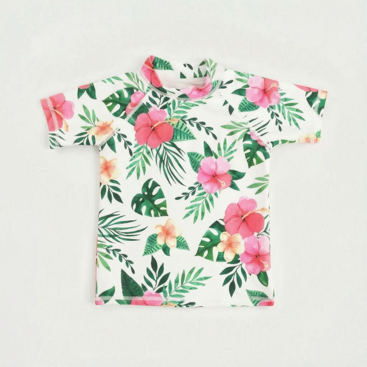 Breathable short-sleeve rash guard for children. Quick-dry swimwear for sun protection at the beach or pool.