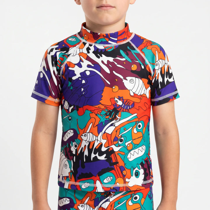 Vibrant short-sleeve rash guard for active kids. UV protection for summer beach & pool adventures. Children's wear.