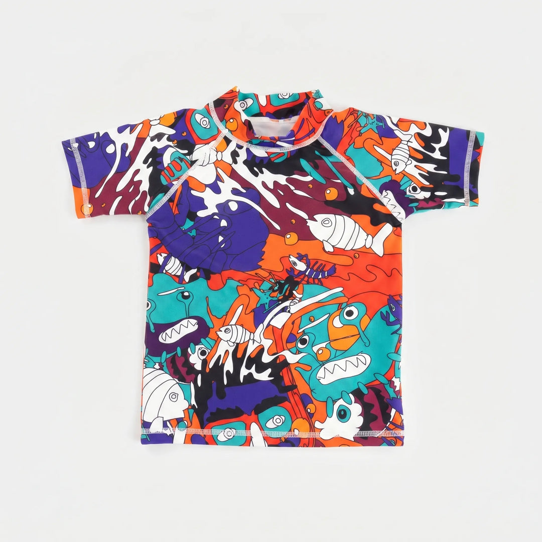 Comfortable kids' short-sleeve rash guard. Essential UV swim top for sun safety during beach & pool fun.