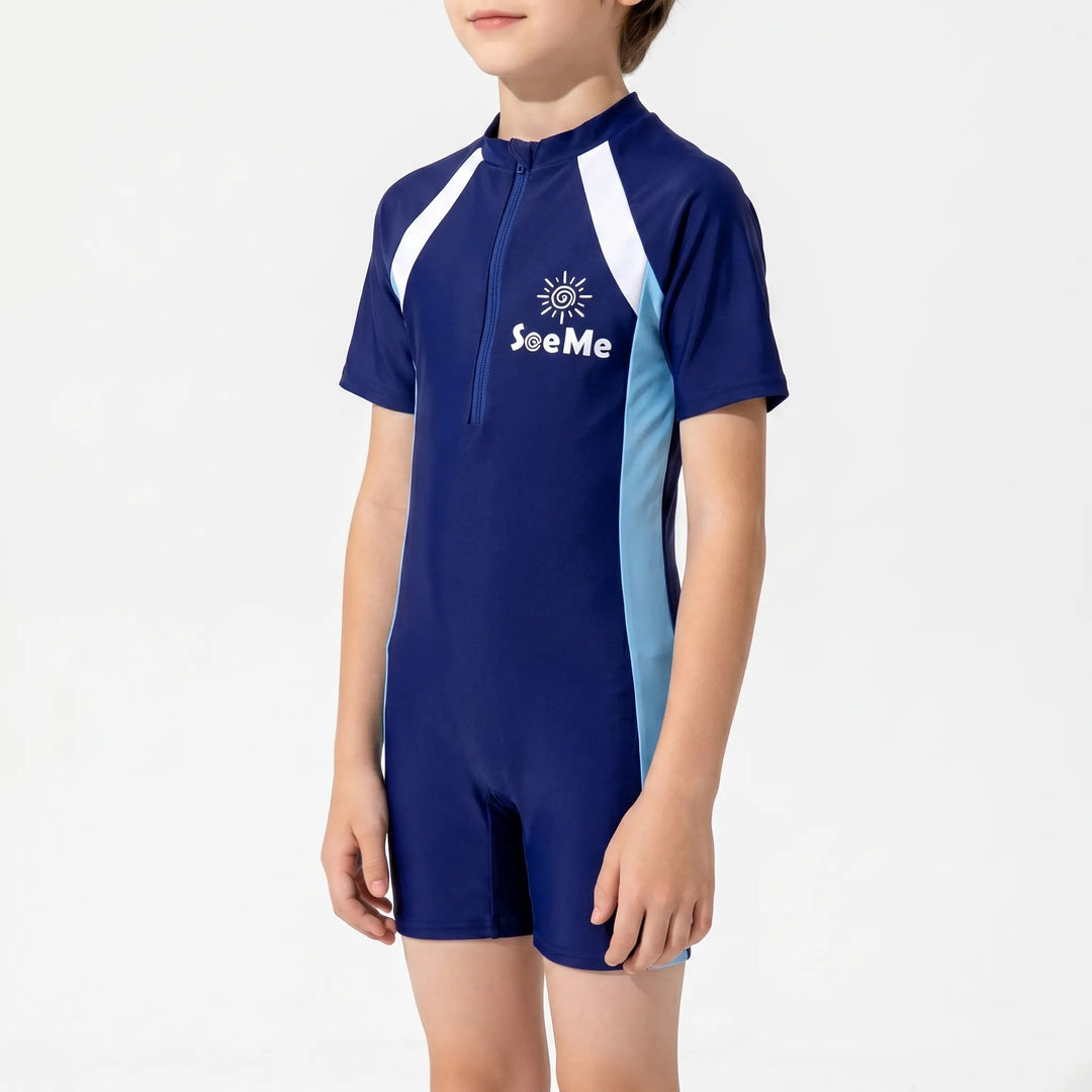 Children's one-piece rashguard swimwear, providing UPF 50+ sun protection for active kids' water play.