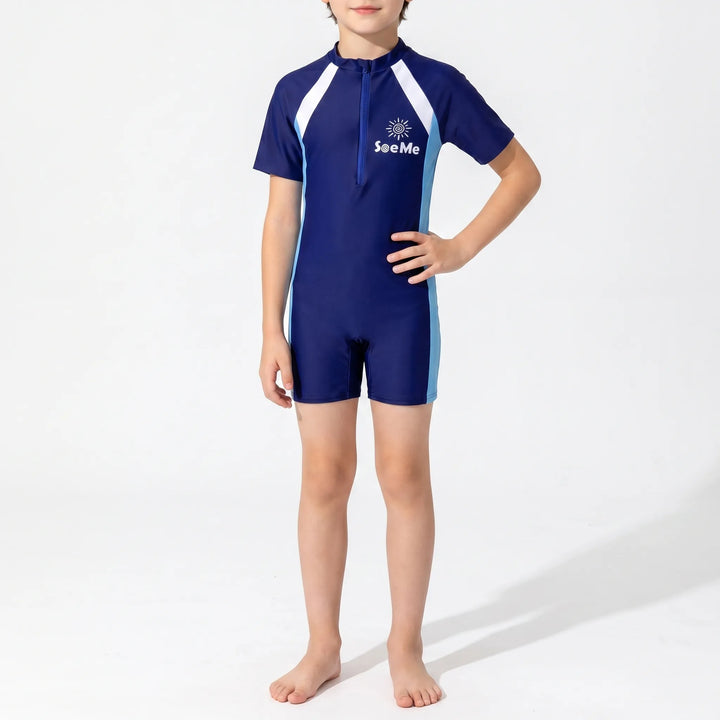 Durable kids' rash guard swimsuit for active water play, ideal for young adventurers at the beach or pool.