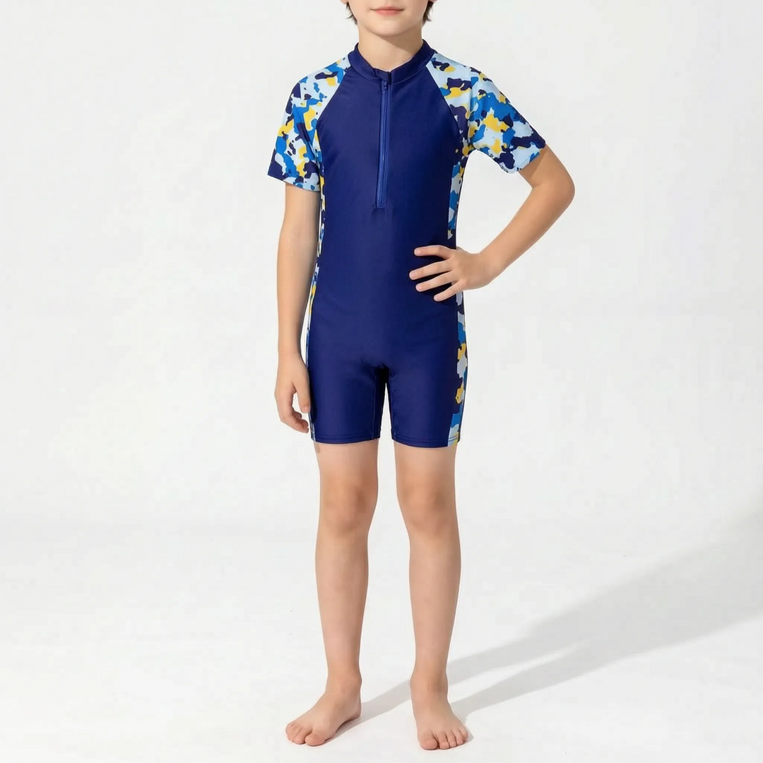 Soft, quick-dry children's short-sleeve rash guard for protected swimming & beach activities.