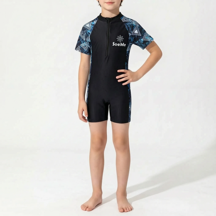 Stylish kids' one-piece rash guard swimwear, a vibrant summer outfit for active beachwear & pool days.
