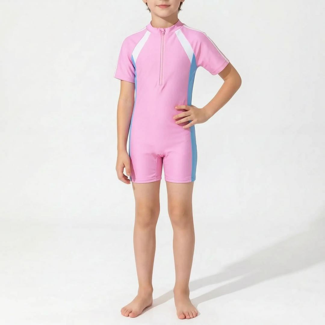 Youth short-sleeve rash guard swimsuit, essential for sun protection during any child's outdoor water play.