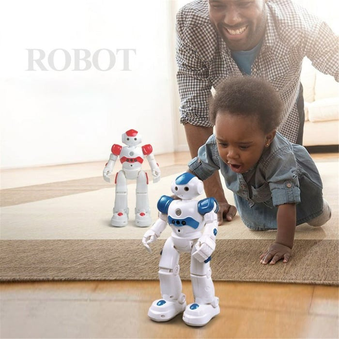 Kids' smart robot toy, offering interactive learning, talking, & dancing fun with gesture control.