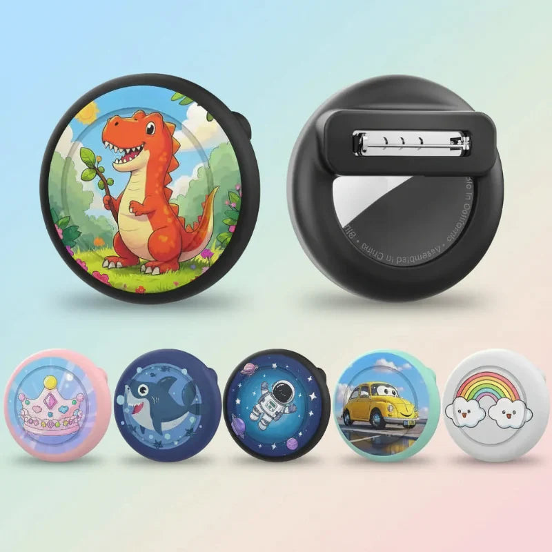Kids Smart & Secure Brooch AirTag Case in silicone, discreet child safety GPS tracker for clothing.