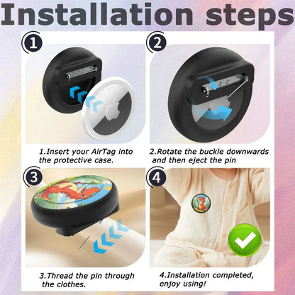 Kids' discreet GPS tracker, silicone brooch AirTag case for secure attachment to clothing.