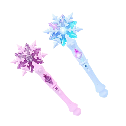 Girl holding a shimmering kids' snowflake princess wand, vibrant with lights and sounds