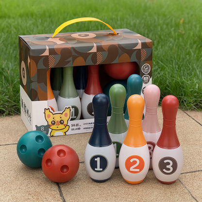 Kids soft animal bowling game set with colorful plush animal pins and ball, ideal for toddler indoor play