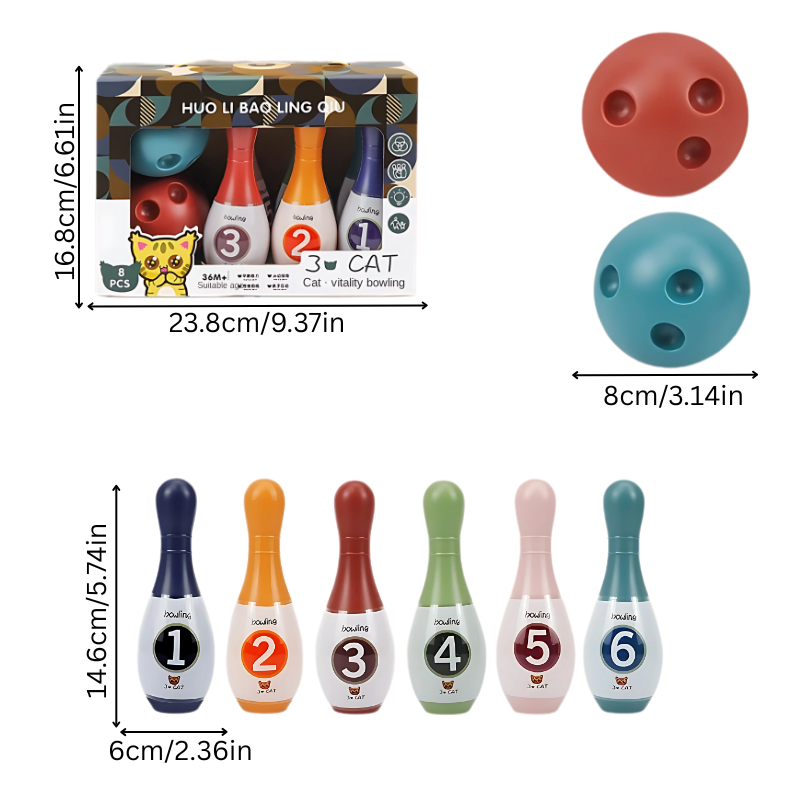 Educational animal bowling set for kids, featuring five soft toy animal pins and a matching bowling ball