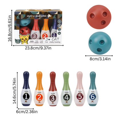 Educational animal bowling set for kids, featuring five soft toy animal pins and a matching bowling ball