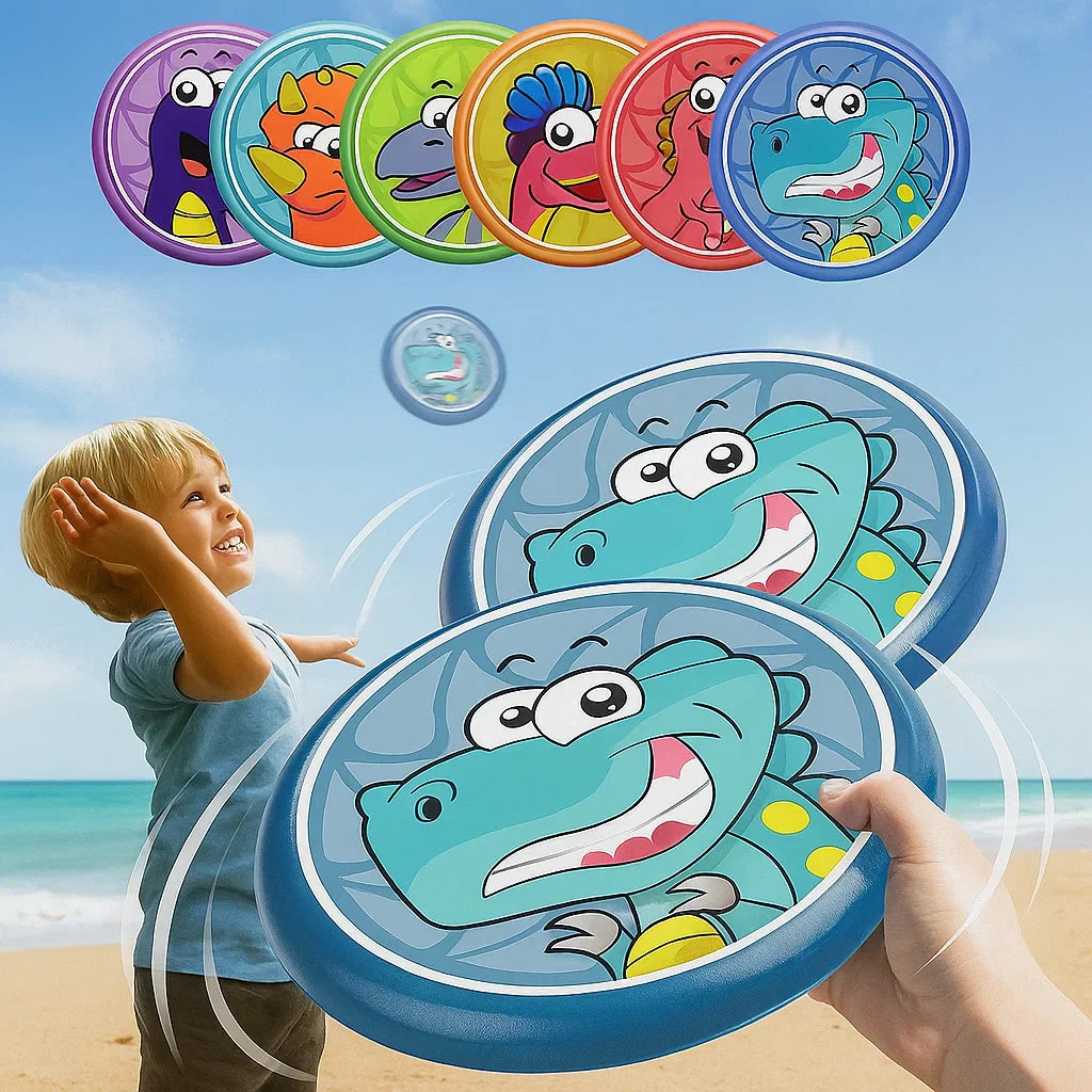 Two kids laughing while playing with a durable foam dinosaur frisbee in the backyard