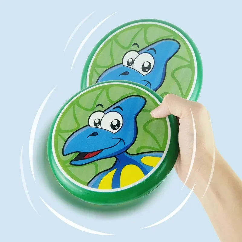 Purple kids' foam frisbee featuring multiple small dinosaurs, a fun outdoor toy for children