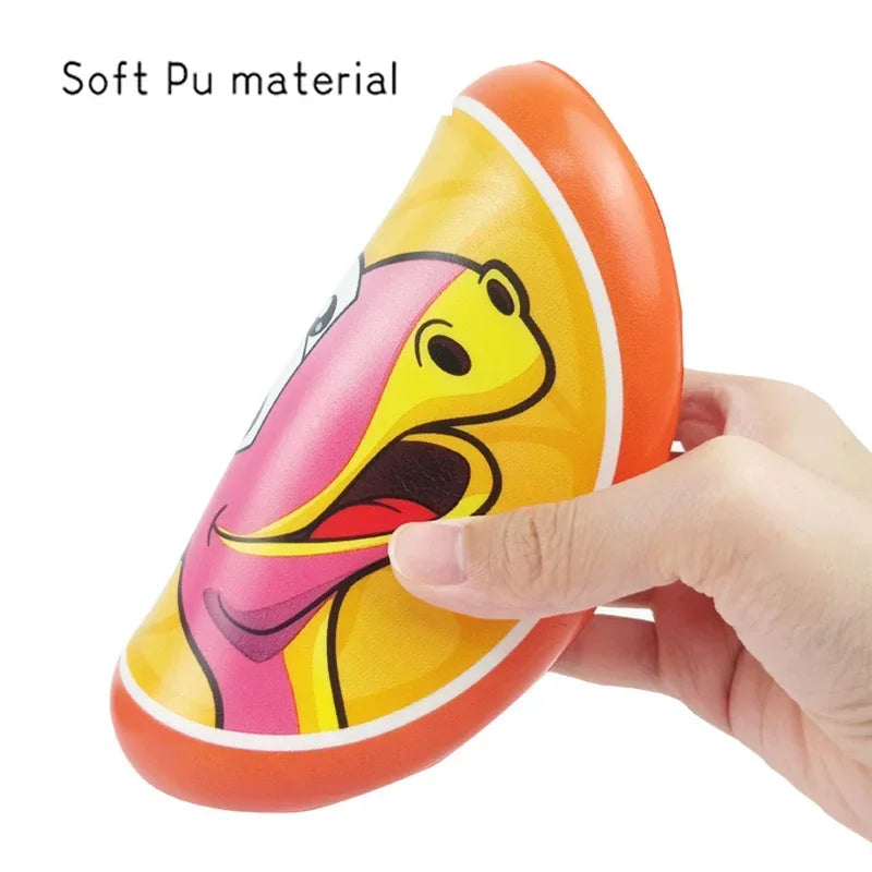 A stack of new kids' soft foam dino frisbees in various colors, ready for active play