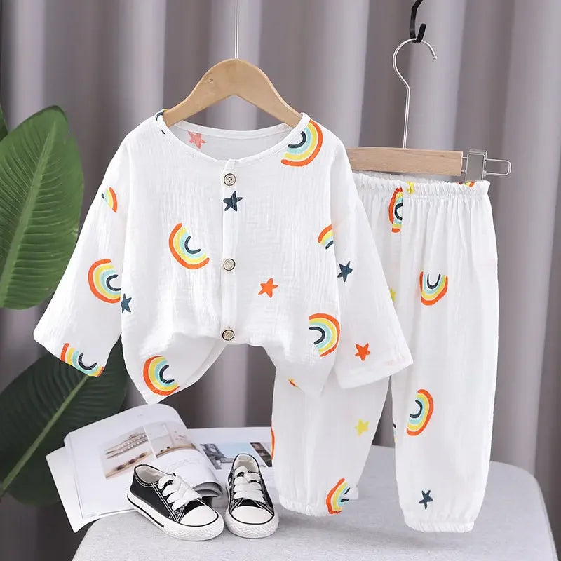Kids' soft organic cotton linen sleepwear set, playful striped pajamas for toddlers