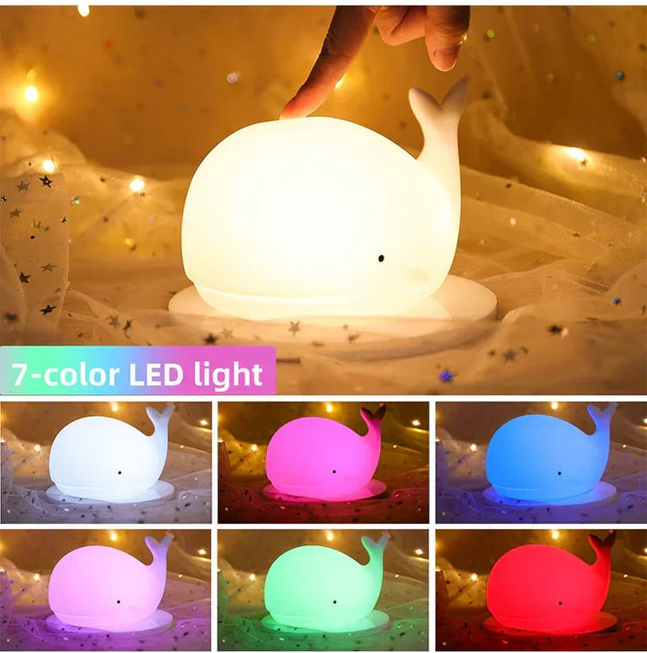 Touch-activated, squishy silicone whale lamp. Gentle, color-changing light for kids' bedtime & sleep.
