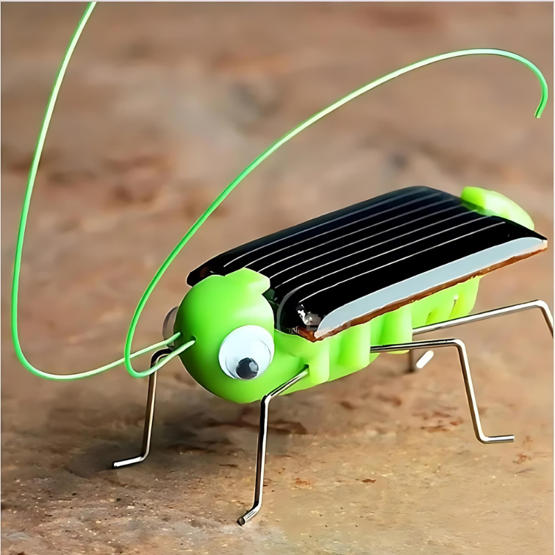 Kids' solar powered hopping grasshopper toy demonstrating movement, perfect for STEM learning and outdoor play