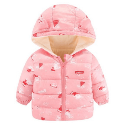 Kids' Space Toon hooded parka jacket, pink with fun cartoon space design, durable children's outerwear